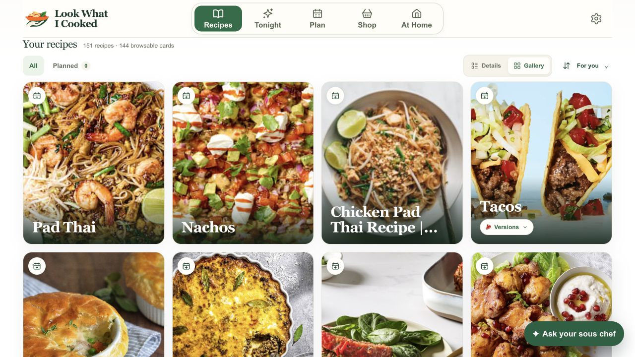 Look What I Cooked recipe library showing saved dishes and personal versions